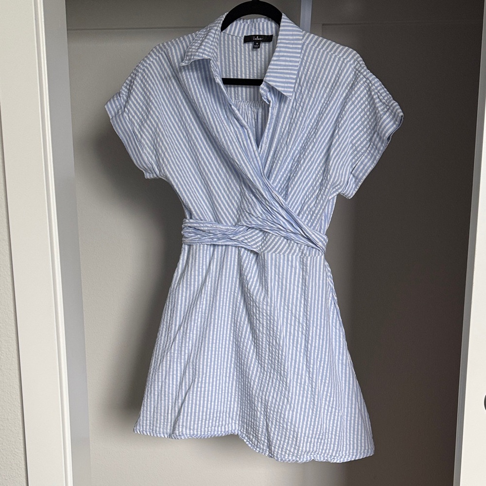 Lulu's M Light Blue Striped Wrap Dress - Picture 3 of 5